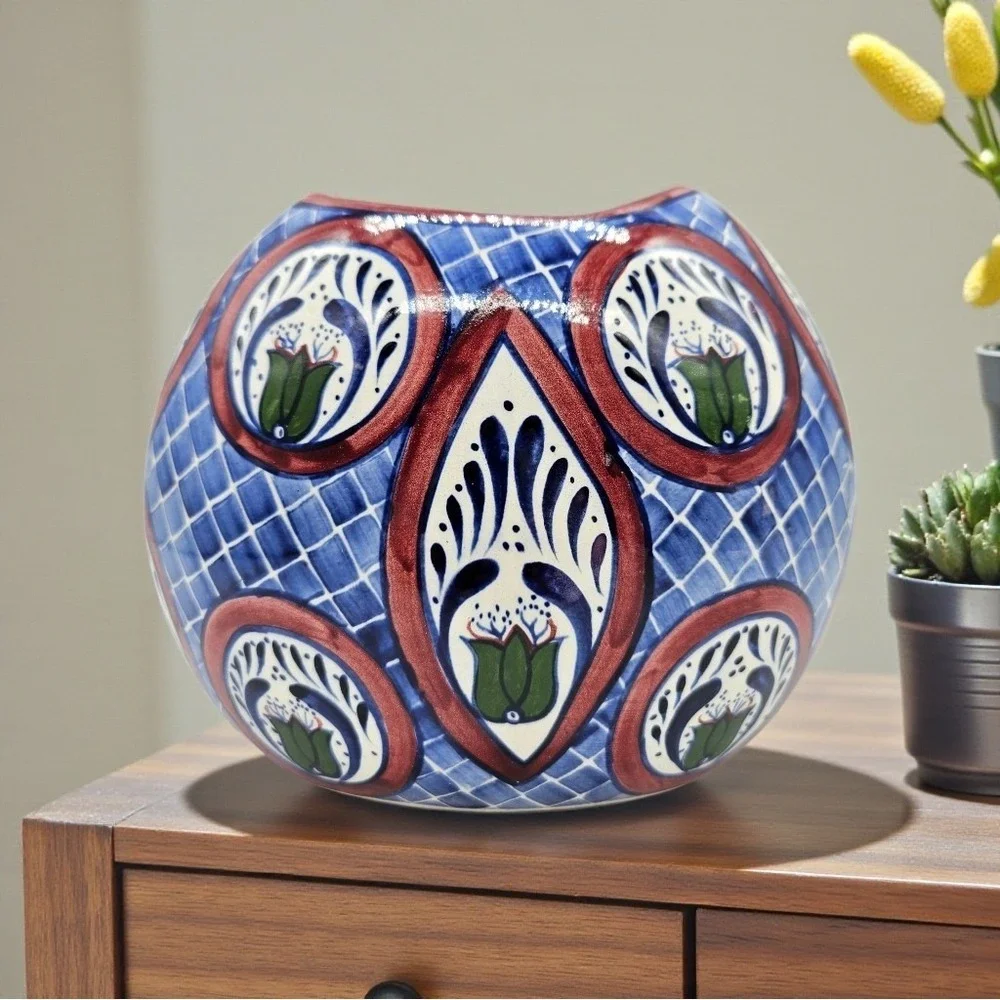 Mexican Folk Art Talavera Pottery Vase Round Geometric Floral Signed BMT Mex